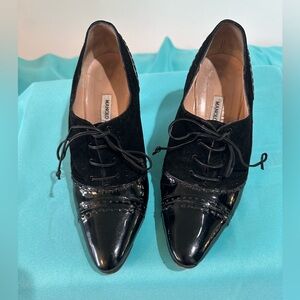 * Manolo Blahnik size 40 1/2 Black Suede and Patent Leather Lace Up Booties.